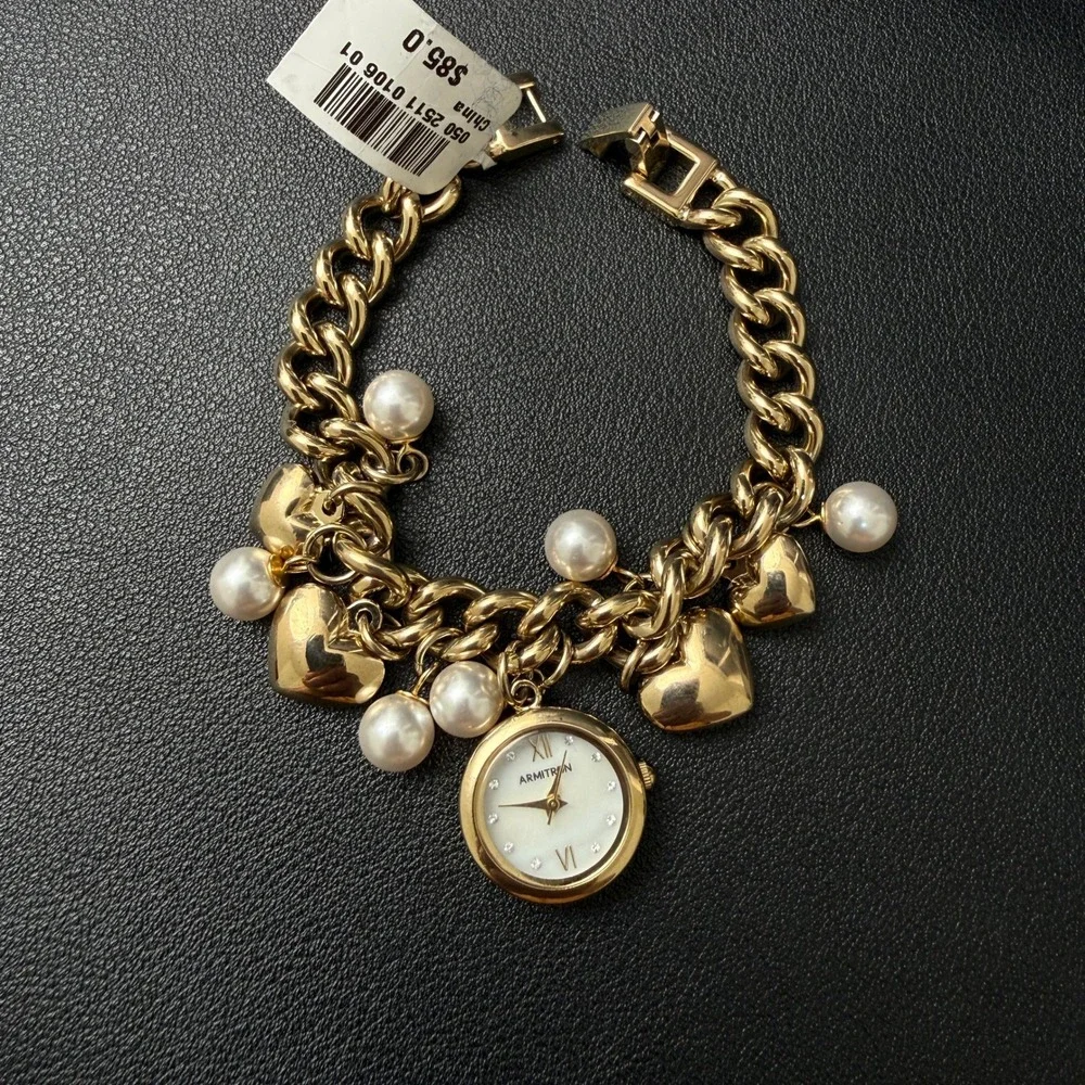MSRP‎ $85 Armitron 75/5578GP Womens Gold Tone Charm Crystal Bracelet Watch New B